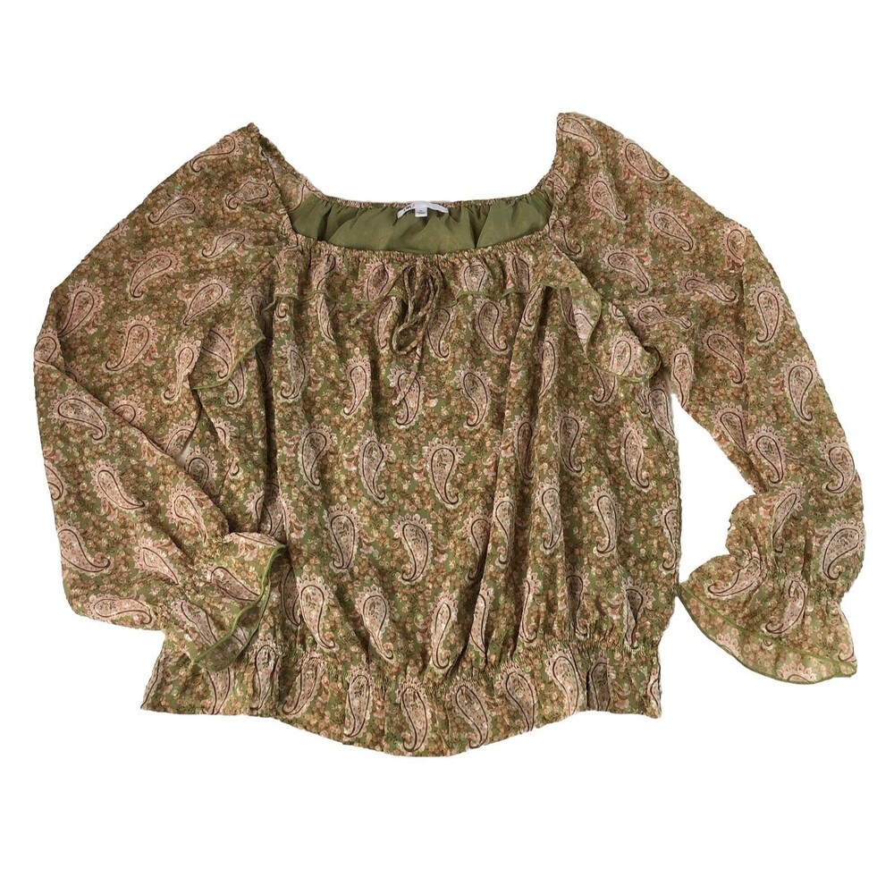 DR2 Paisley Peasant Blouse Olive Green Boho Smocked Hem Tie Neck Top Size XL